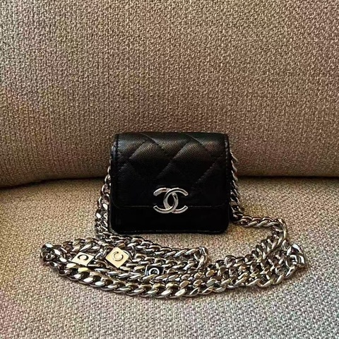 全🆕閒置 CHANEL/香奈兒22S 黑銀荔枝皮琺瑯鏈條小廢包31開帶盒全套高價得