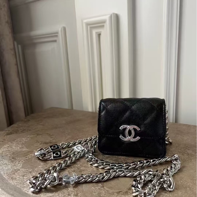 全🆕閒置 CHANEL/香奈兒22S 黑銀荔枝皮琺瑯鏈條小廢包31開帶盒全套高價得-1