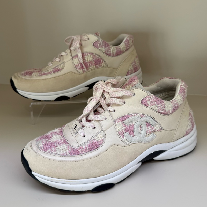 CHANEL 粉色格紋毛呢球鞋 40號-0