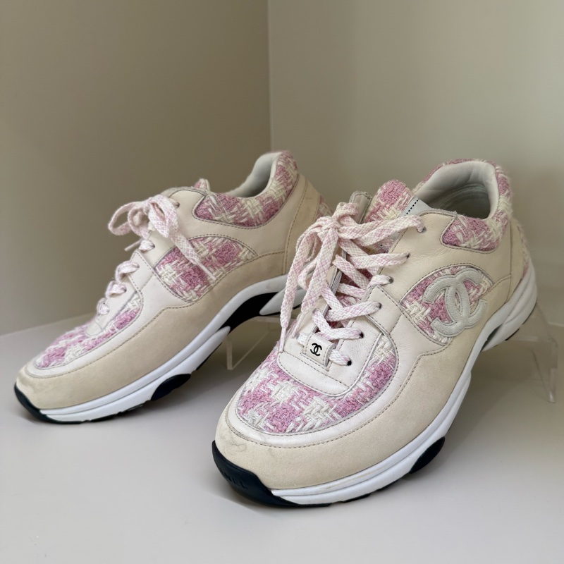 CHANEL 粉色格紋毛呢球鞋 40號-1