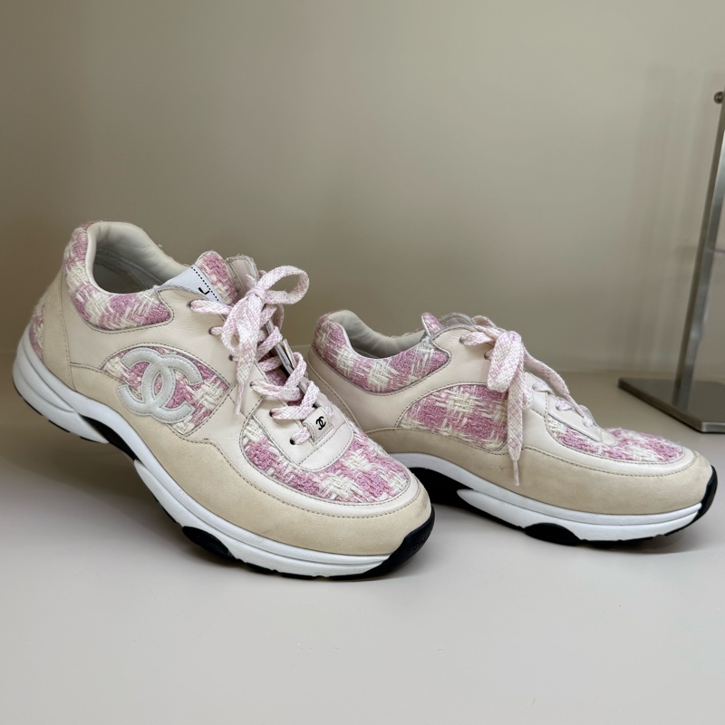 CHANEL 粉色格紋毛呢球鞋 40號-2