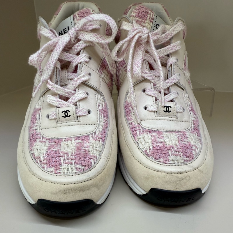 CHANEL 粉色格紋毛呢球鞋 40號-4