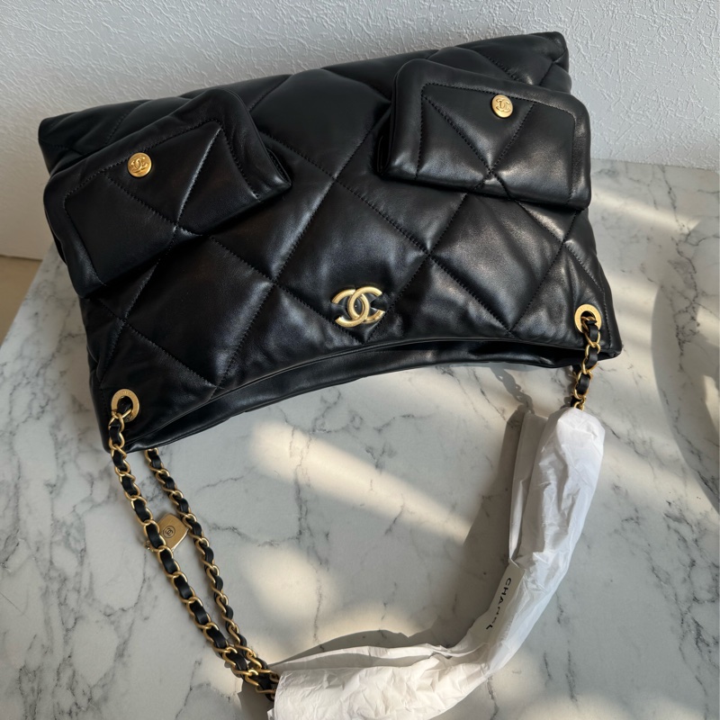 chanel黑色羊皮前雙口袋鏈肩背包-0