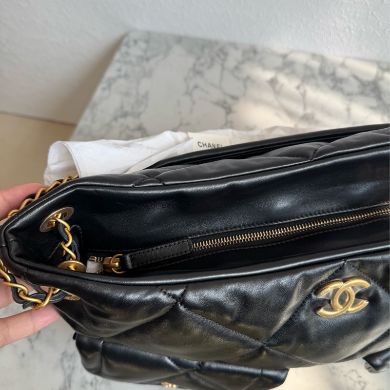 chanel黑色羊皮前雙口袋鏈肩背包-3