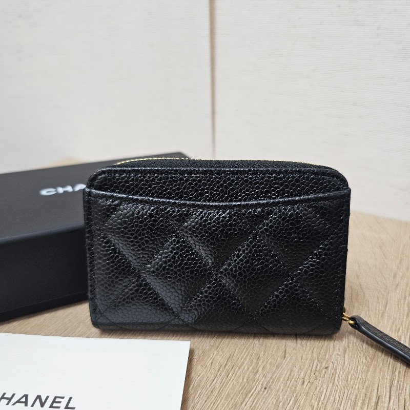 [全新未使用❣️] Chanel黑荔枝皮雙C金釦拉鏈零錢卡包-1