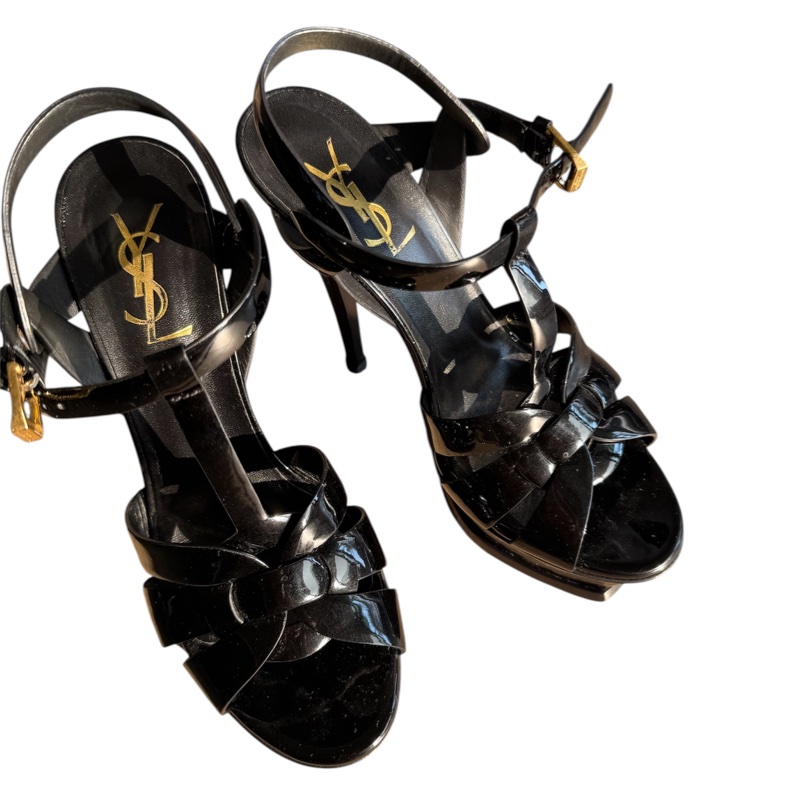YSL，經典鞋款｜Saint Laurent Tribute 黑色漆皮厚底高跟涼鞋 EU37（近新品）HELYN 精選-1