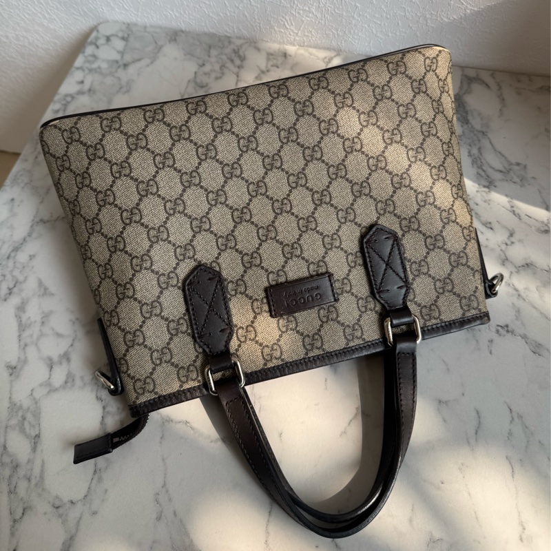 Gucci咖pvc深咖皮革手提包👜-0