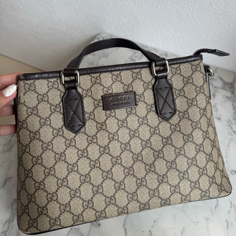 Gucci咖pvc深咖皮革手提包👜-2