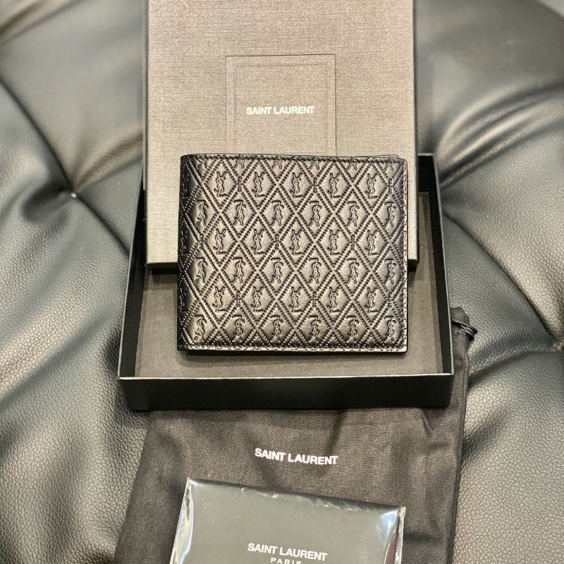 Saint Laurent YSL 真皮 立體壓印 黑色 短夾-0