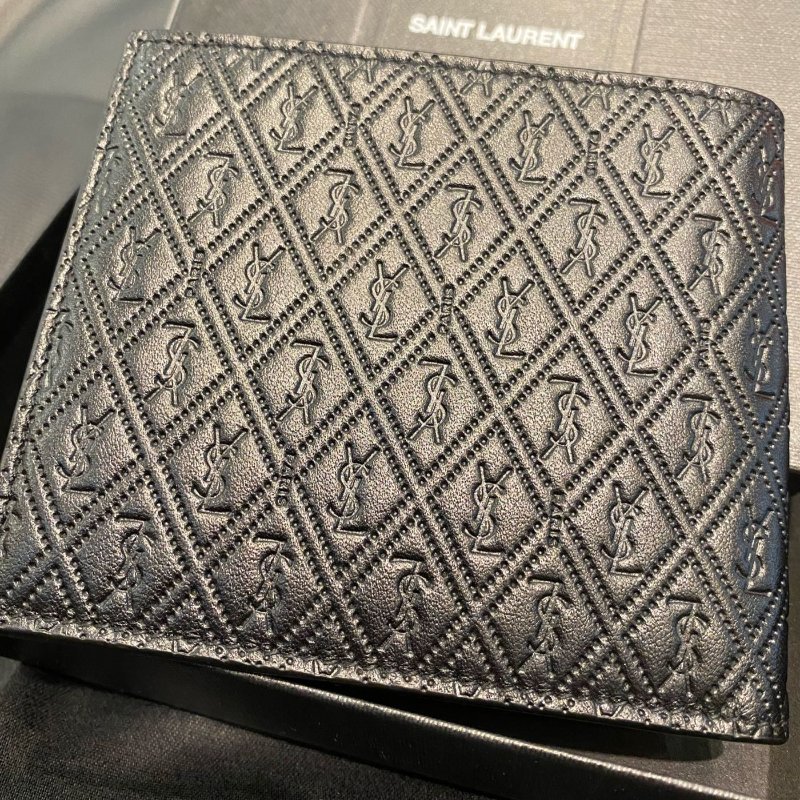 Saint Laurent YSL 真皮 立體壓印 黑色 短夾-2