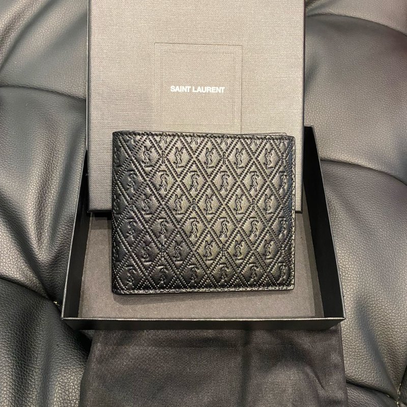 Saint Laurent YSL 真皮 立體壓印 黑色 短夾-4