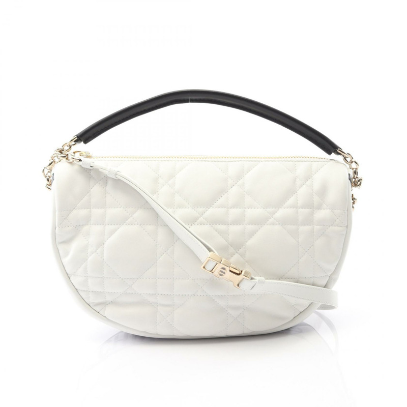 Dior VIBE 中 Hobo Cannage 單肩包 手提包 皮革 白色 黑色 二手 女士-0