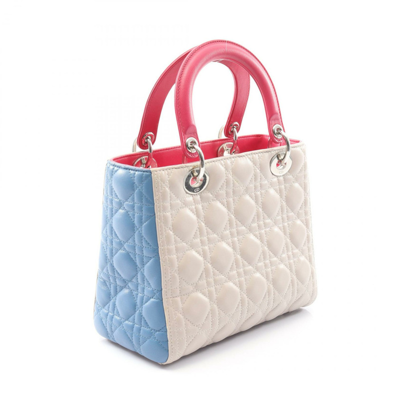 Christian Dior LADY DIOR Cannage 2Way 肩背包 手提包 皮革 米色 藍色 二手-1