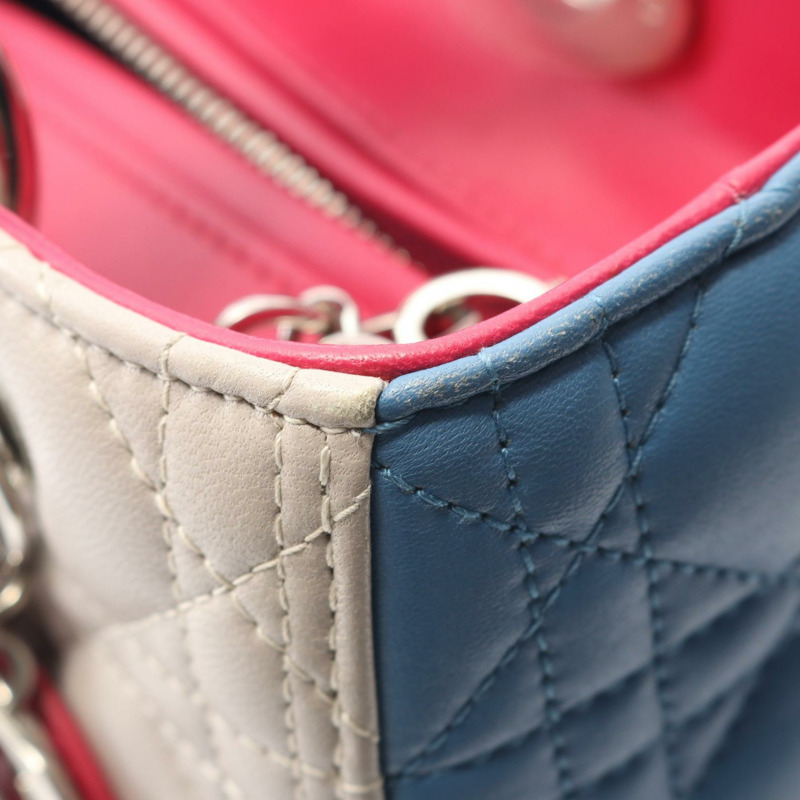 Christian Dior LADY DIOR Cannage 2Way 肩背包 手提包 皮革 米色 藍色 二手-5