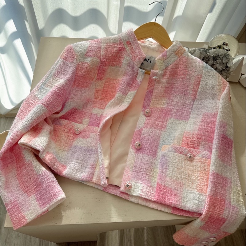 CHANEL 23S粉白格子短版外套 40碼-0