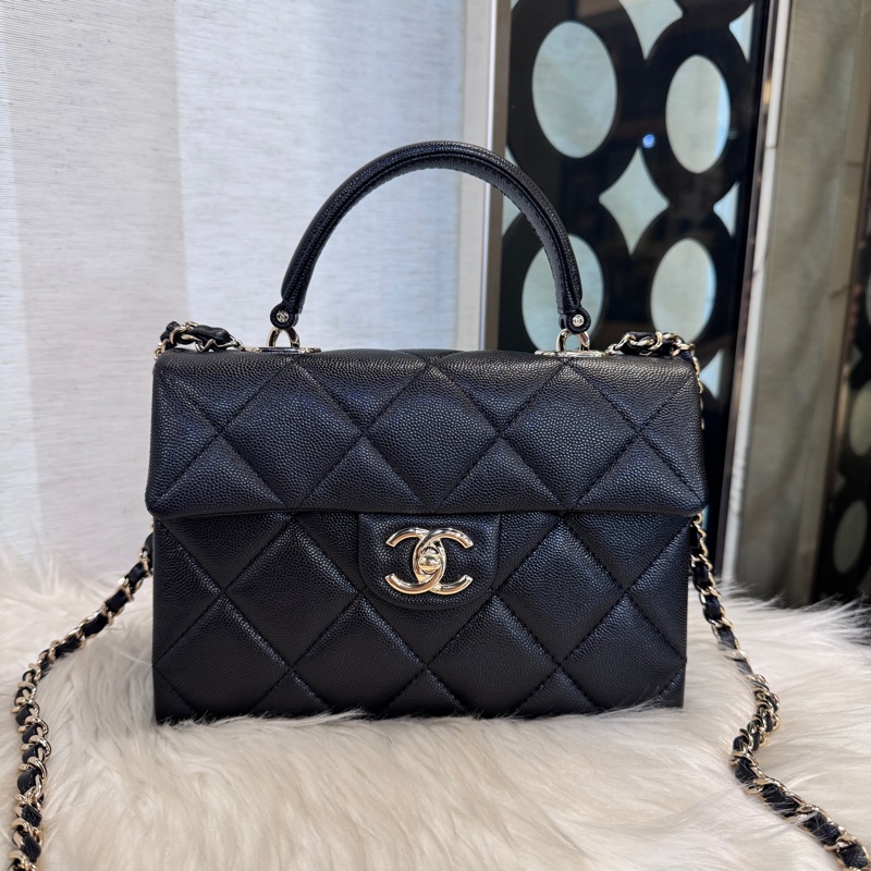 Chanel Kelly 黑淡金荔枝皮手提斜背 25S 近全新-0