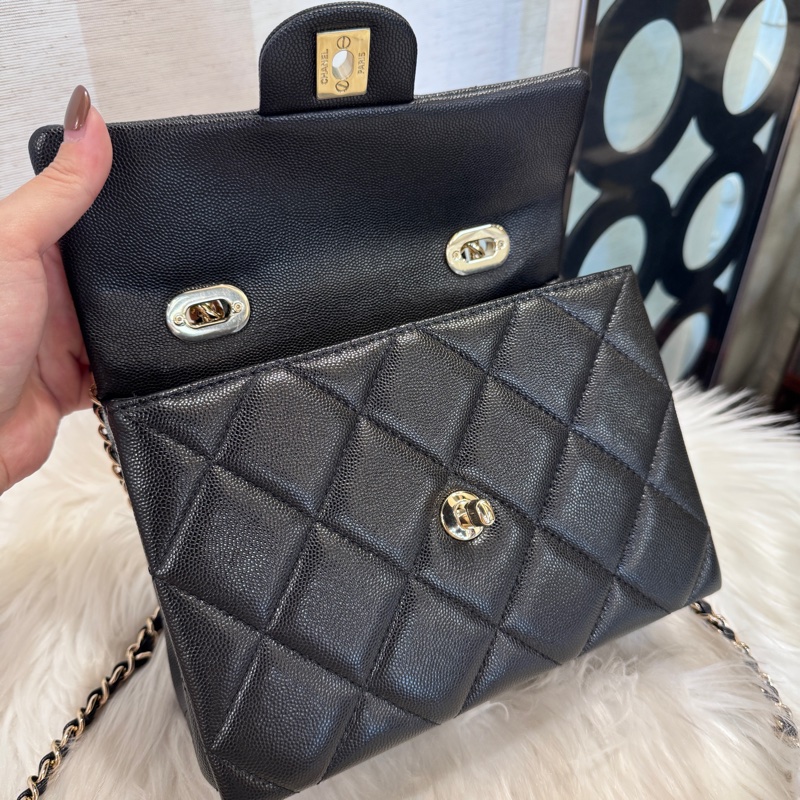 Chanel Kelly 黑淡金荔枝皮手提斜背 25S 近全新-8