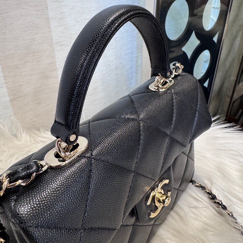 Chanel Kelly 黑淡金荔枝皮手提斜背 25S 近全新-10