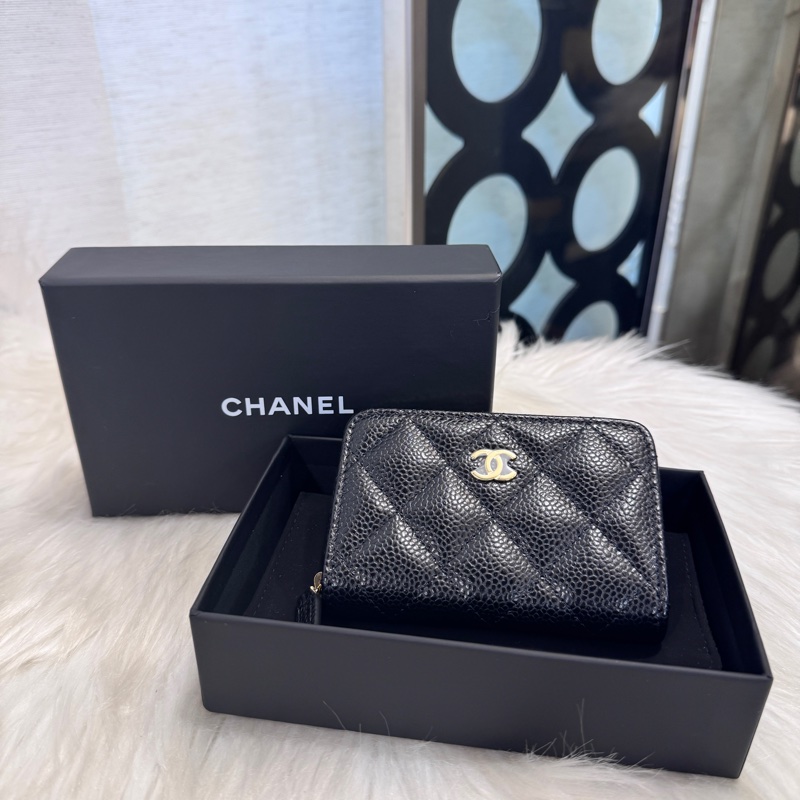 Chanel 黑金荔枝皮拉鏈零錢卡包 晶片款 全新離櫃-0