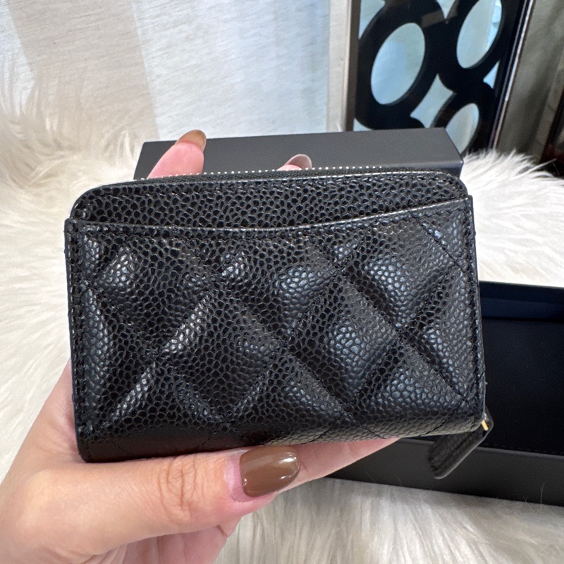Chanel 黑金荔枝皮拉鏈零錢卡包 晶片款 全新離櫃-1
