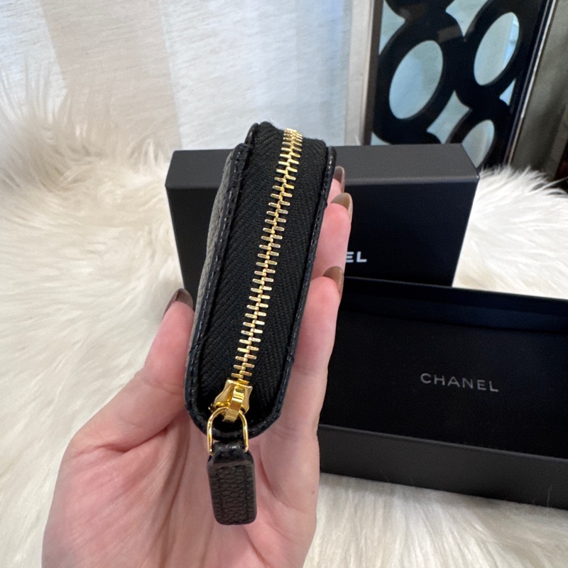 Chanel 黑金荔枝皮拉鏈零錢卡包 晶片款 全新離櫃-3