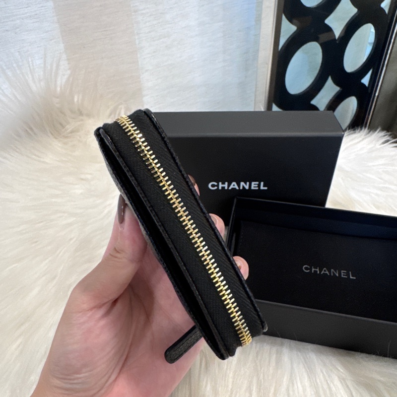 Chanel 黑金荔枝皮拉鏈零錢卡包 晶片款 全新離櫃-4