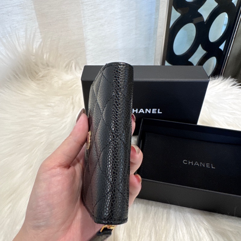 Chanel 黑金荔枝皮拉鏈零錢卡包 晶片款 全新離櫃-5