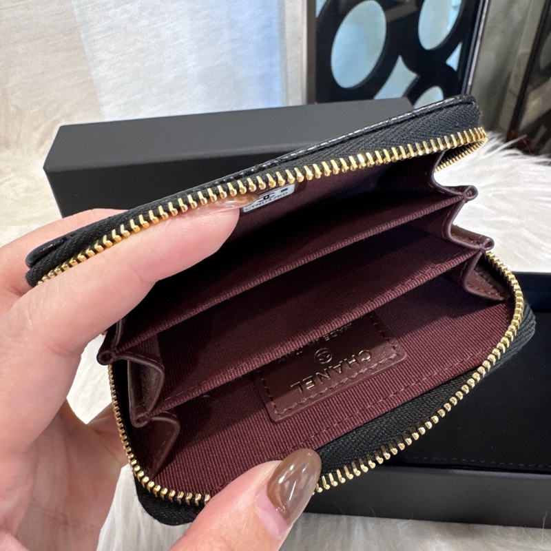Chanel 黑金荔枝皮拉鏈零錢卡包 晶片款 全新離櫃-7