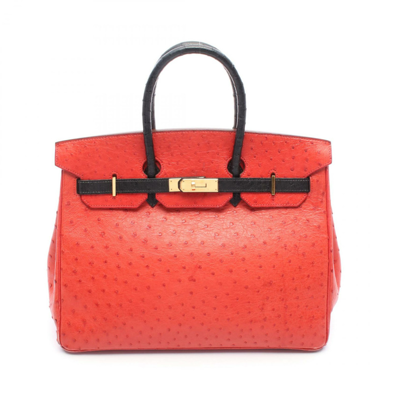 愛馬仕 Birkin 35 Rouge vif 手提包,鴕鳥皮,紅色/黑色,二手女款-0