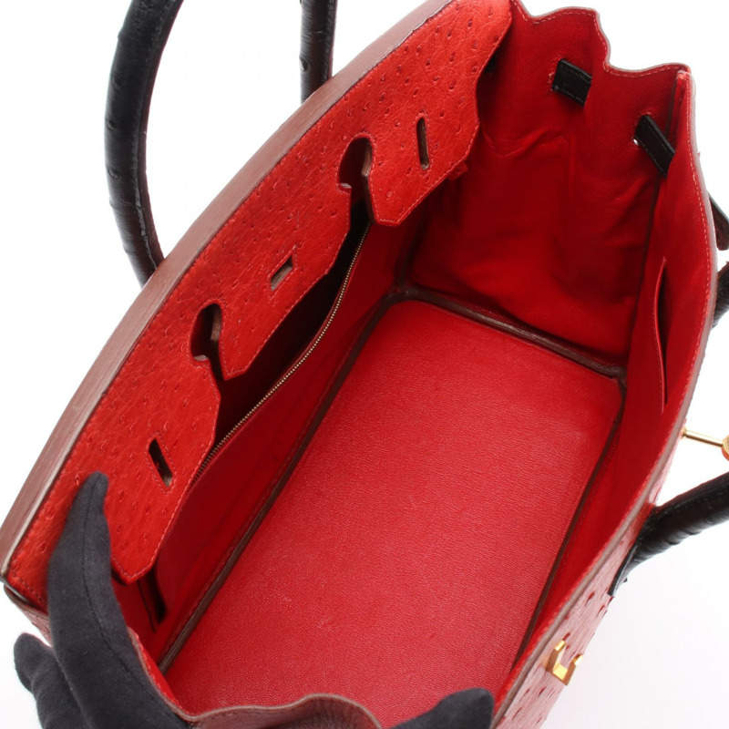愛馬仕 Birkin 35 Rouge vif 手提包,鴕鳥皮,紅色/黑色,二手女款-2