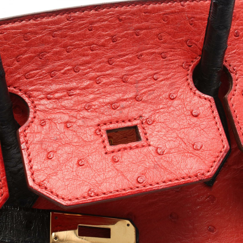 愛馬仕 Birkin 35 Rouge vif 手提包,鴕鳥皮,紅色/黑色,二手女款-13