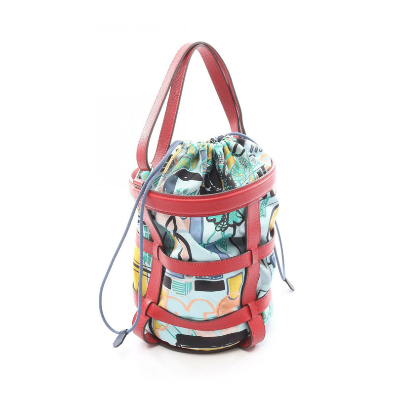 HERMES 芥末紫抽繩手提包 X 070539CK+070543CK 埃普索姆絲綢朱紅色 SHW-1