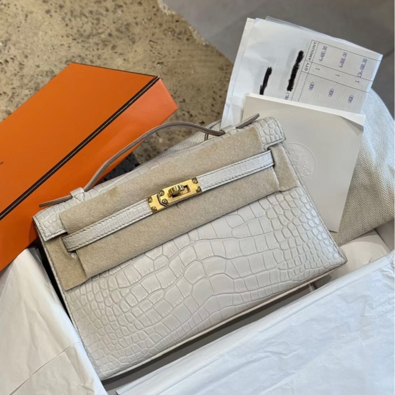 有購証 🐊 Hermes 爱马仕  mini kelly 一代 8L 冰川白 金扣 雾面 方块 鳄鱼皮 K刻 全新 -0