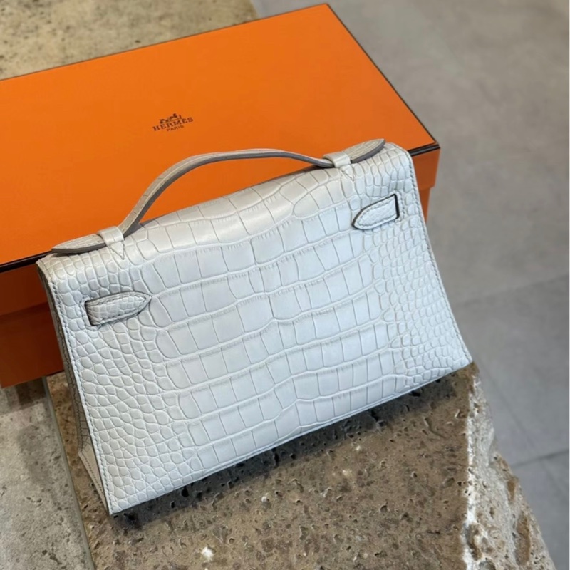 有購証 🐊 Hermes 爱马仕  mini kelly 一代 8L 冰川白 金扣 雾面 方块 鳄鱼皮 K刻 全新 -1