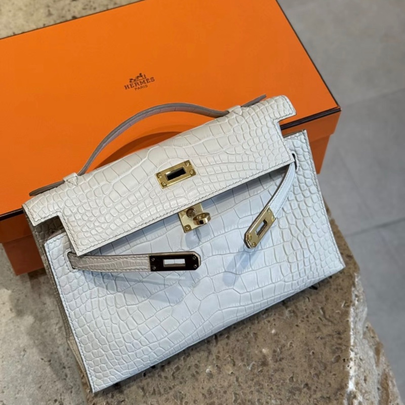 有購証 🐊 Hermes 爱马仕  mini kelly 一代 8L 冰川白 金扣 雾面 方块 鳄鱼皮 K刻 全新 -3