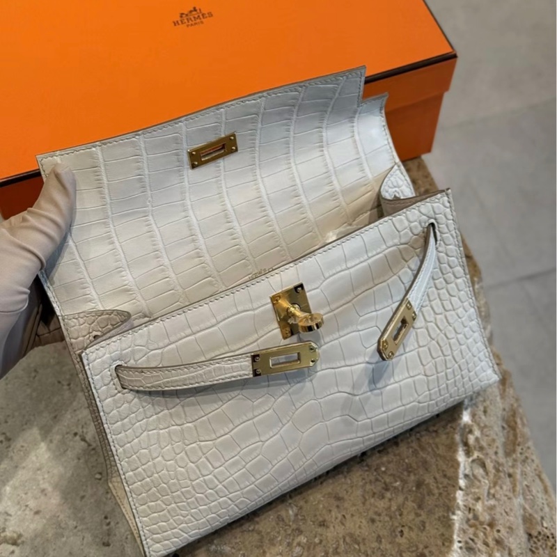 有購証 🐊 Hermes 爱马仕  mini kelly 一代 8L 冰川白 金扣 雾面 方块 鳄鱼皮 K刻 全新 -4