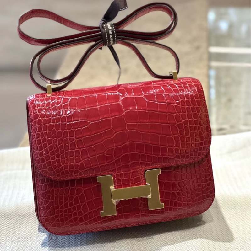 有購証 🐊 Hermes 愛馬仕 constance 康康19  95 法拉利紅 方塊亮面鰐魚 金扣 A刻 99新-0