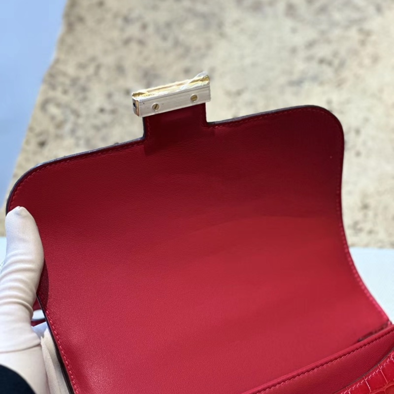 有購証 🐊 Hermes 愛馬仕 constance 康康19  95 法拉利紅 方塊亮面鰐魚 金扣 A刻 99新-3