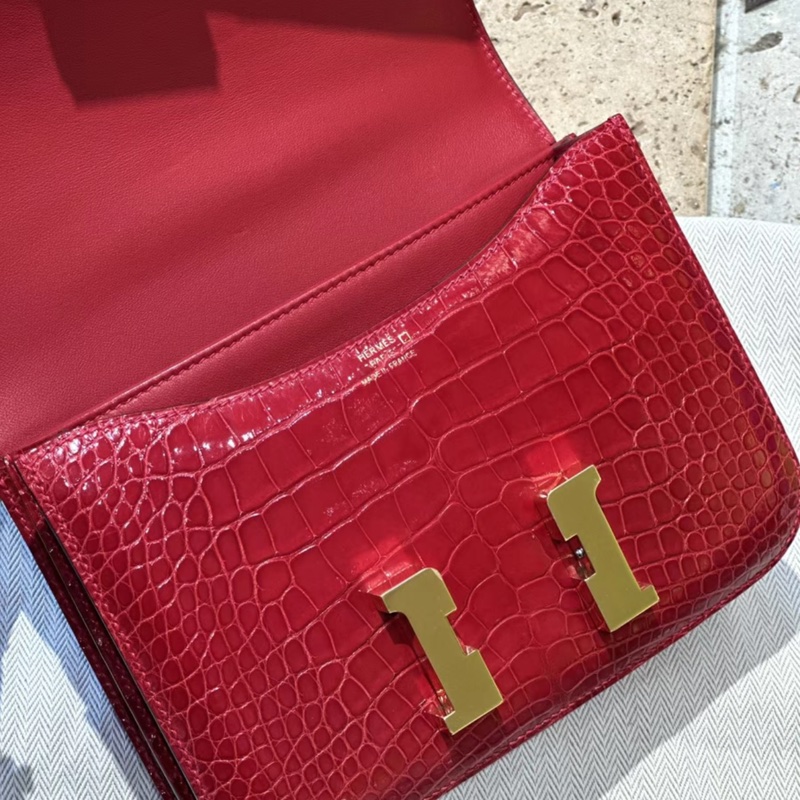 有購証 🐊 Hermes 愛馬仕 constance 康康19  95 法拉利紅 方塊亮面鰐魚 金扣 A刻 99新-5