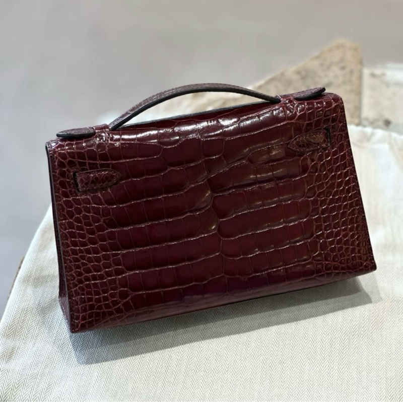 Hermes /愛馬仕 mini kelly 一代  57 波爾多酒紅 亮面方塊鰐魚金扣  X刻 -1