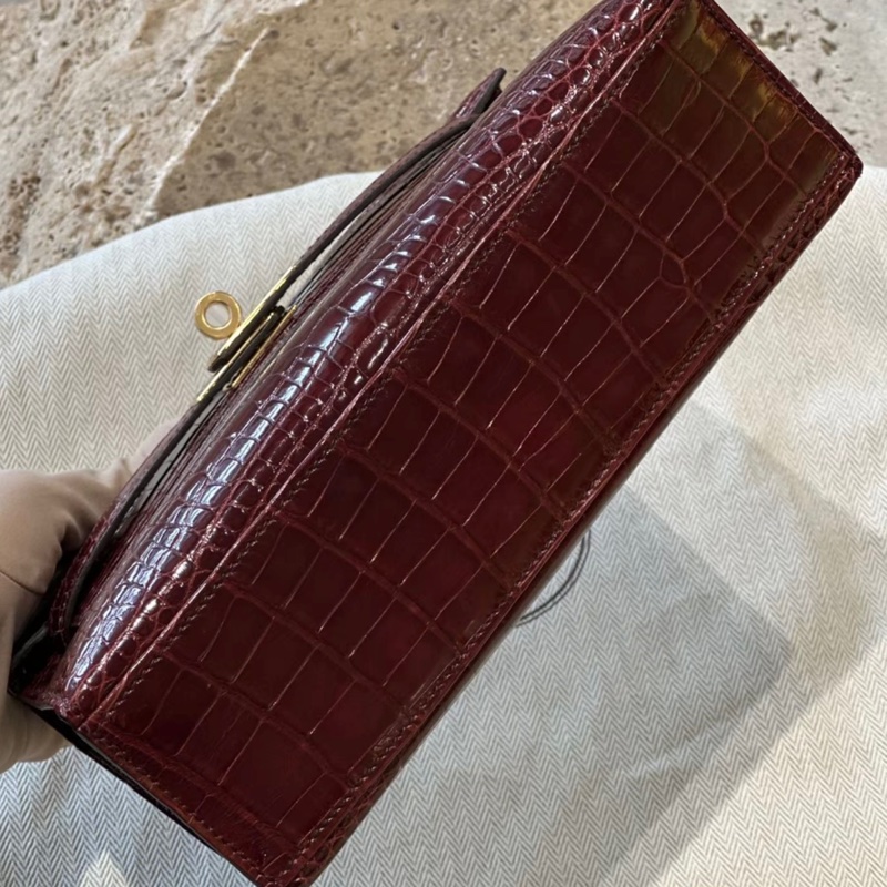 Hermes /愛馬仕 mini kelly 一代  57 波爾多酒紅 亮面方塊鰐魚金扣  X刻 -2