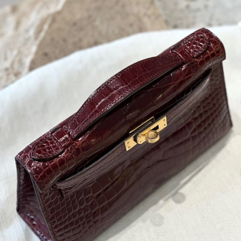 Hermes /愛馬仕 mini kelly 一代  57 波爾多酒紅 亮面方塊鰐魚金扣  X刻 -3