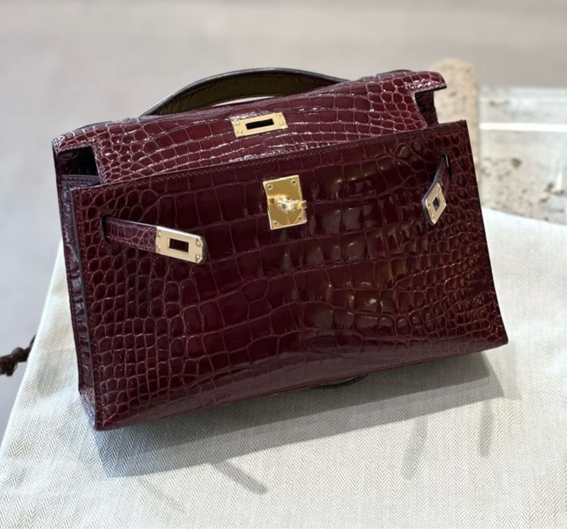 Hermes /愛馬仕 mini kelly 一代  57 波爾多酒紅 亮面方塊鰐魚金扣  X刻 -4