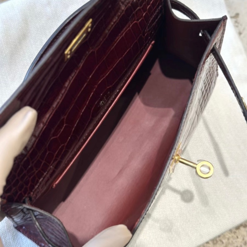 Hermes /愛馬仕 mini kelly 一代  57 波爾多酒紅 亮面方塊鰐魚金扣  X刻 -5