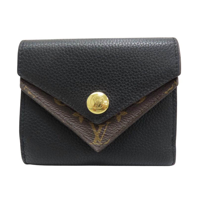 黑色牛皮 棕色原花 帆布 Double V 扣式短夾 (有燙字)【LOUIS VUITTON LV 路易威登】 M64420-0