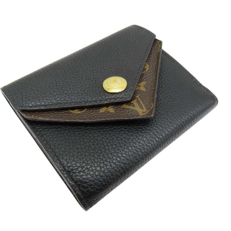黑色牛皮 棕色原花 帆布 Double V 扣式短夾 (有燙字)【LOUIS VUITTON LV 路易威登】 M64420-2