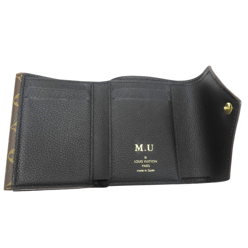 黑色牛皮 棕色原花 帆布 Double V 扣式短夾 (有燙字)【LOUIS VUITTON LV 路易威登】 M64420-4