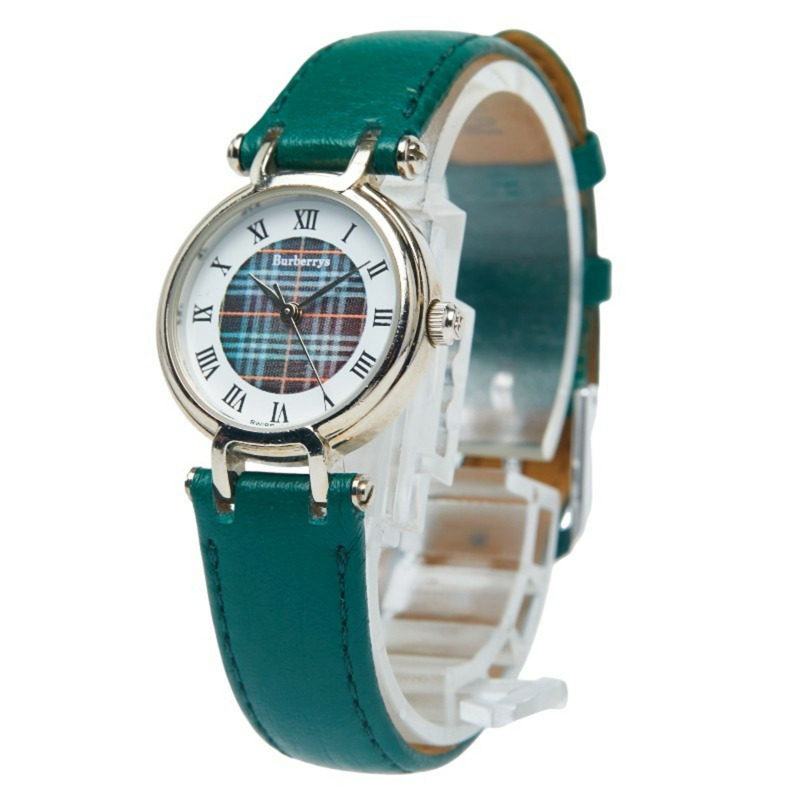 Burberry 格紋皮革（非原廠）石英腕錶，白色錶盤，不鏽鋼和皮革，女士，BURBERRY-1