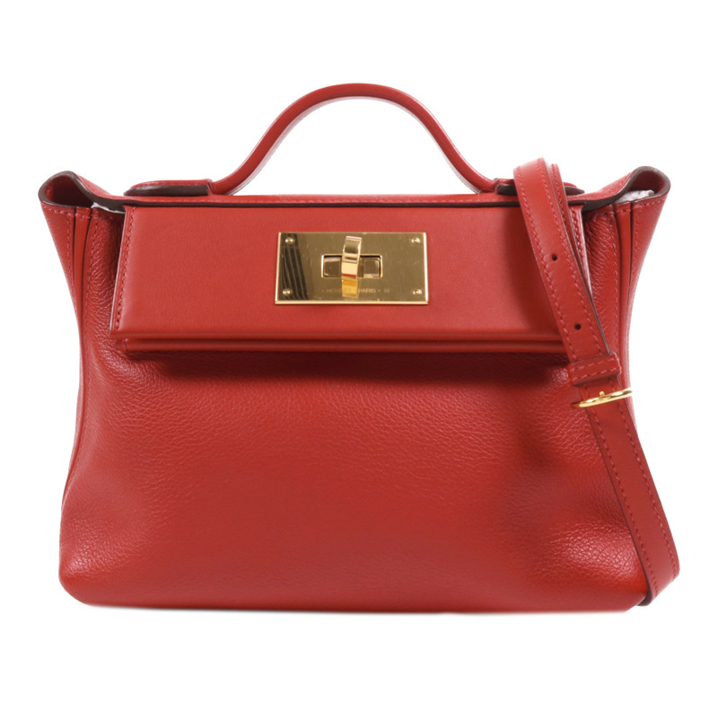 HERMES Evercolor皮革24/24 Mini金扣手挽肩背兩用袋Rouge Piment-0