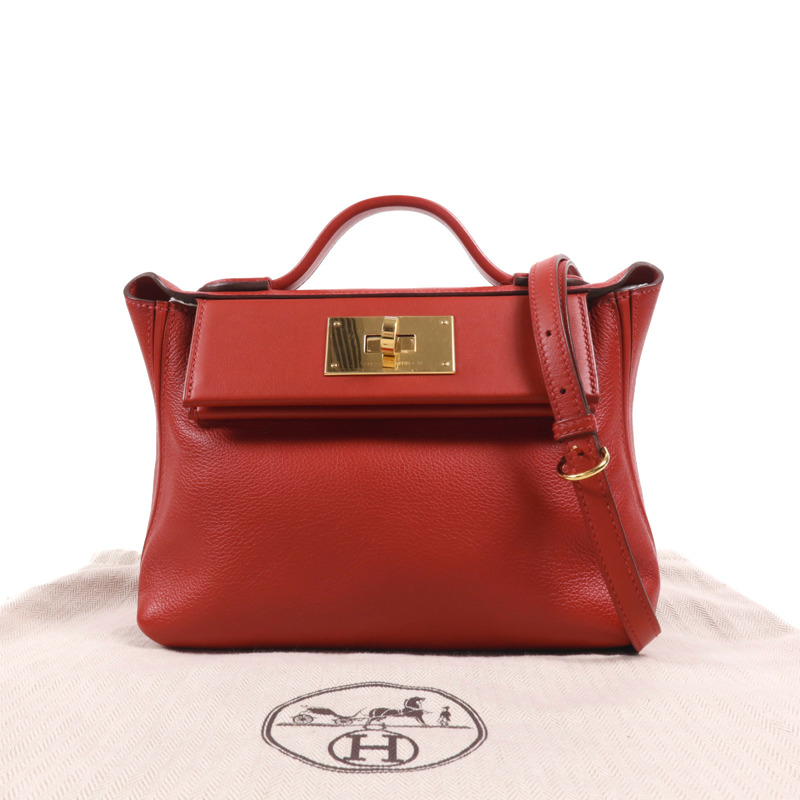 HERMES Evercolor皮革24/24 Mini金扣手挽肩背兩用袋Rouge Piment-9